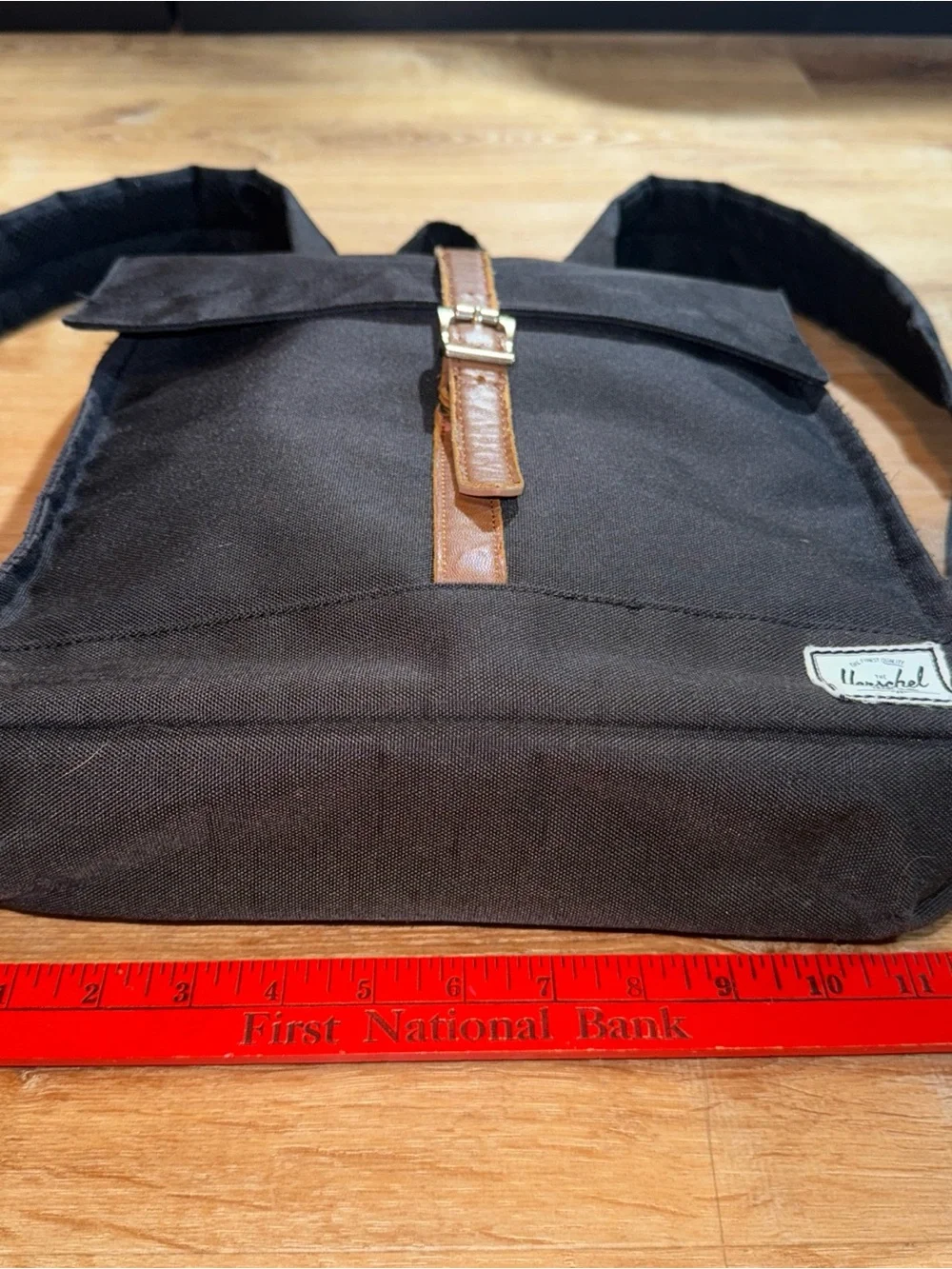 Herschel Little America Backpack Black Square Leather Strap Laptop Fold Bag 14’